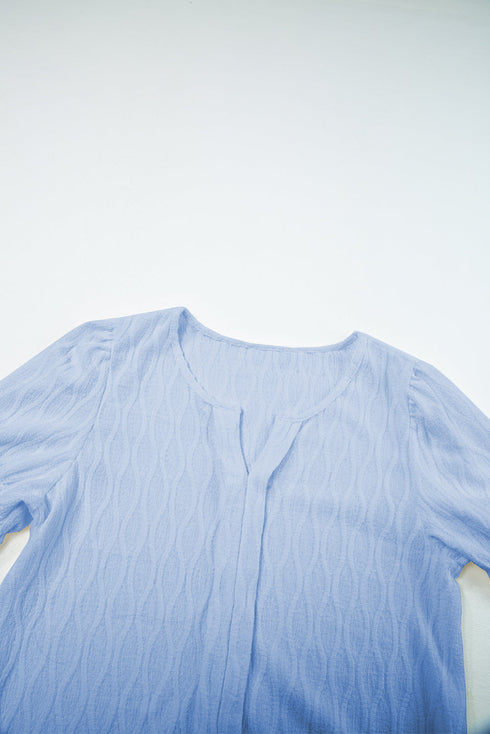 Textured Notched Neck Short Puff Sleeve Relaxed Blouse