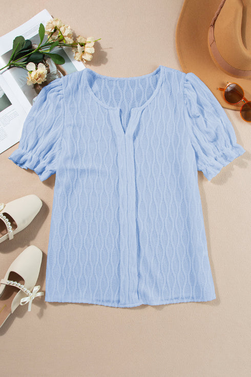 Textured Notched Neck Short Puff Sleeve Relaxed Blouse