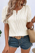 Textured Notched Neck Short Puff Sleeve Relaxed Blouse