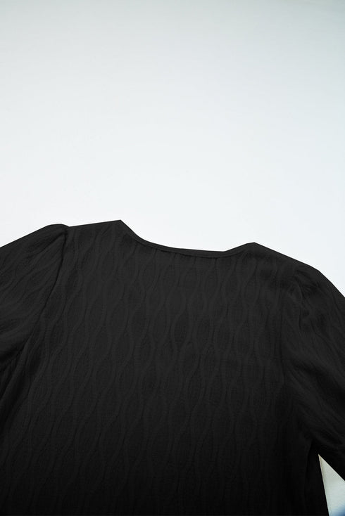 Textured Notched Neck Short Puff Sleeve Relaxed Blouse