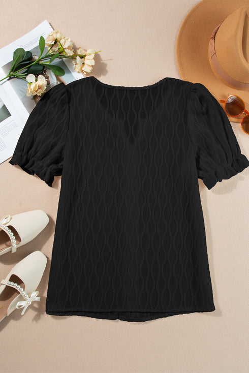 Textured Notched Neck Short Puff Sleeve Relaxed Blouse