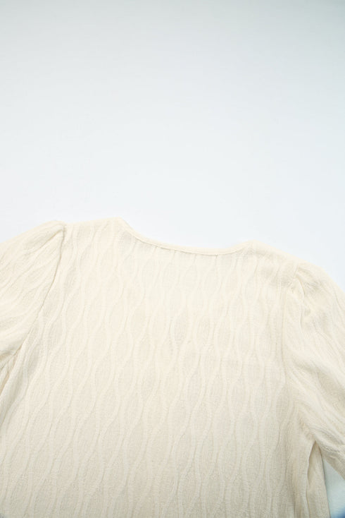 Textured Notched Neck Short Puff Sleeve Relaxed Blouse