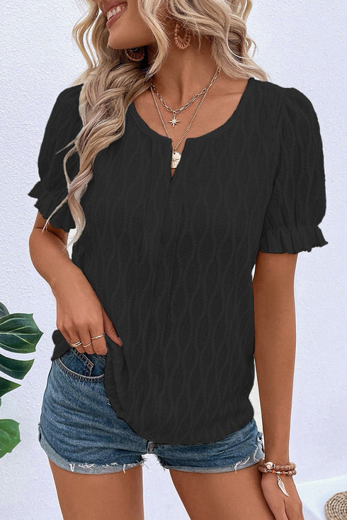 Textured Notched Neck Short Puff Sleeve Relaxed Blouse