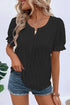 Textured Notched Neck Short Puff Sleeve Relaxed Blouse