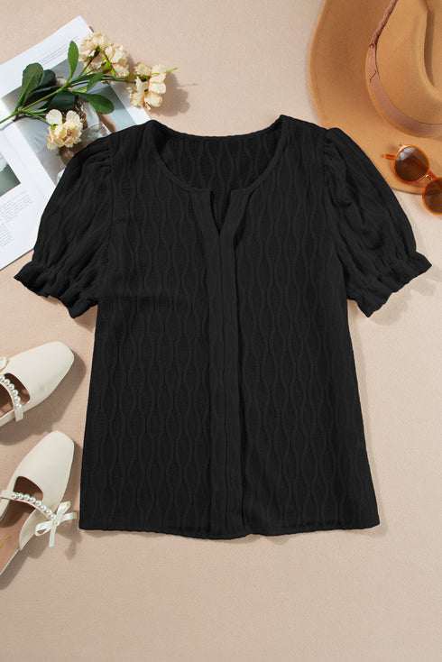 Textured Notched Neck Short Puff Sleeve Relaxed Blouse
