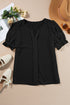 Textured Notched Neck Short Puff Sleeve Relaxed Blouse