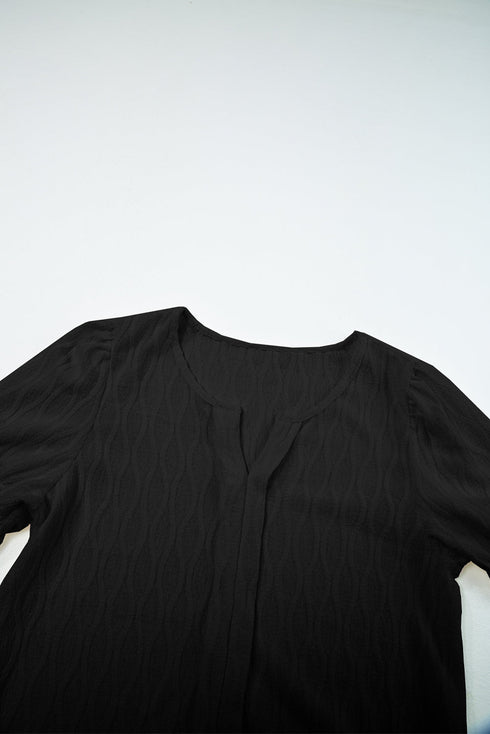 Textured Notched Neck Short Puff Sleeve Relaxed Blouse