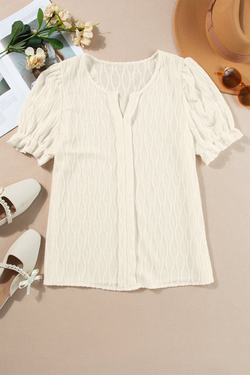 Textured Notched Neck Short Puff Sleeve Relaxed Blouse