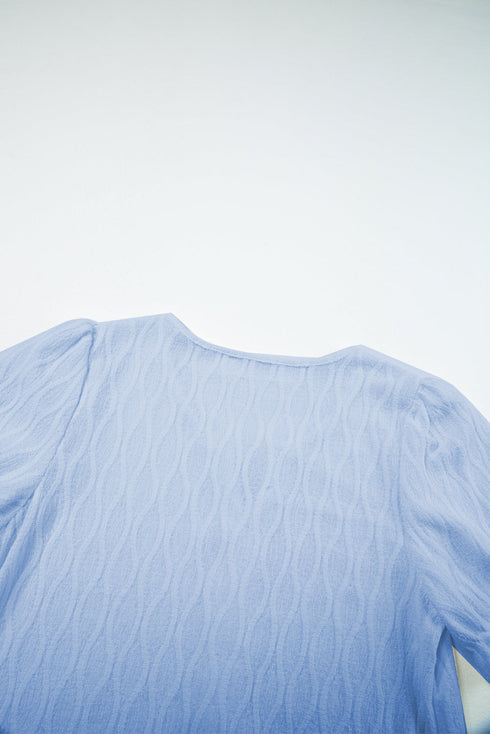 Textured Notched Neck Short Puff Sleeve Relaxed Blouse