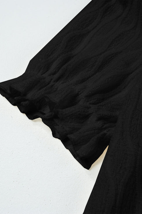 Textured Notched Neck Short Puff Sleeve Relaxed Blouse
