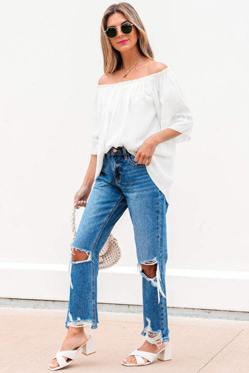 Textured Off Shoulder Lace Insert Long Sleeve Blouse