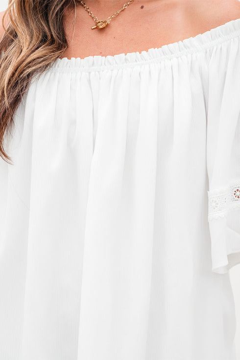 Textured Off Shoulder Lace Insert Long Sleeve Blouse