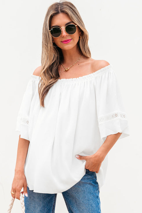 Textured Off Shoulder Lace Insert Long Sleeve Blouse