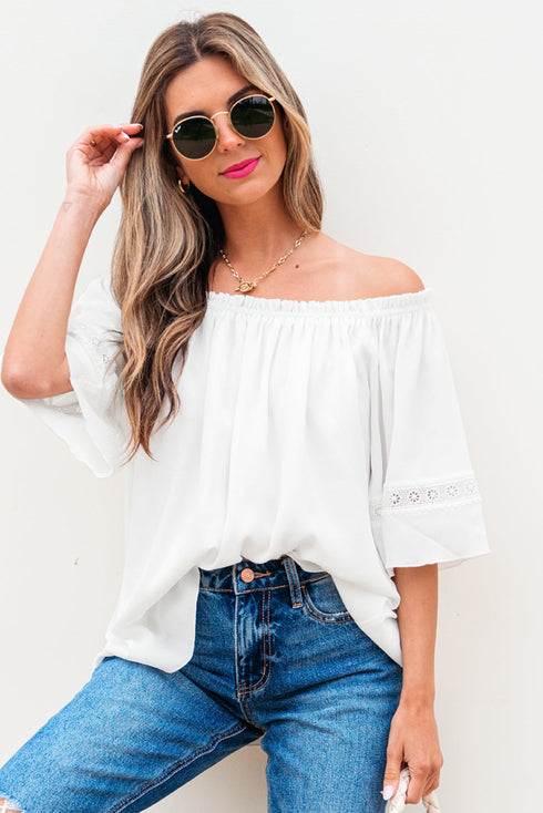 Textured Off Shoulder Lace Insert Long Sleeve Blouse