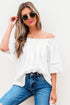 Textured Off Shoulder Lace Insert Long Sleeve Blouse