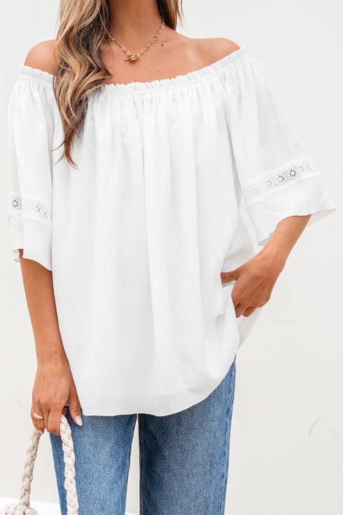 Textured Off Shoulder Lace Insert Long Sleeve Blouse