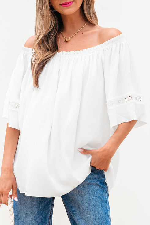 Textured Off Shoulder Lace Insert Long Sleeve Blouse