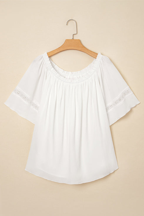 Textured Off Shoulder Lace Insert Long Sleeve Blouse