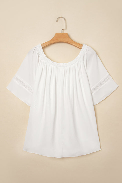 Textured Off Shoulder Lace Insert Long Sleeve Blouse