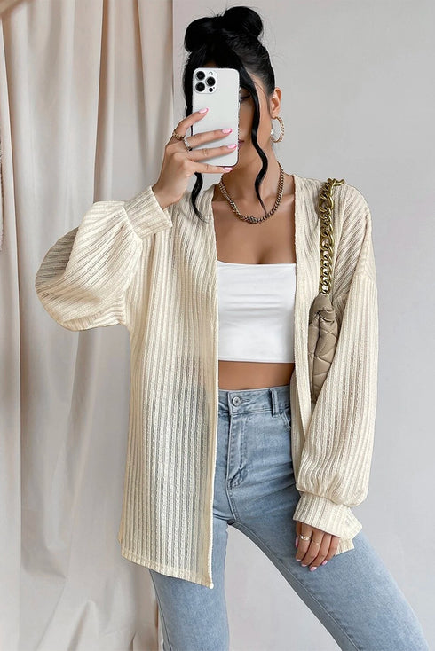 Textured Open Front Drop Shoulder Lightweight Knit Cardigan