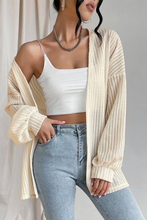 Textured Open Front Drop Shoulder Lightweight Knit Cardigan