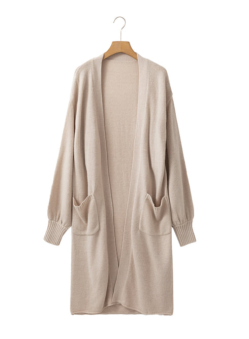 Textured Open Front Pocketed Long Sleeve Cardigan