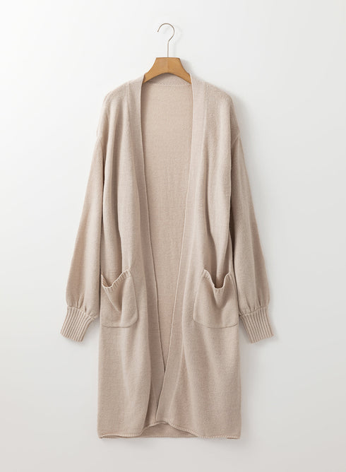 Textured Open Front Pocketed Long Sleeve Cardigan