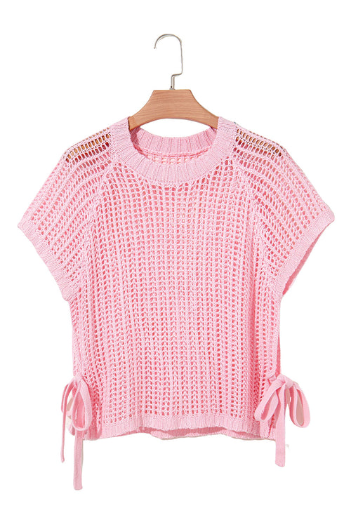 Textured Open Knit Dolman Sleeve Adjustable Tie Hem Top