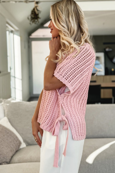 Textured Open Knit Dolman Sleeve Adjustable Tie Hem Top