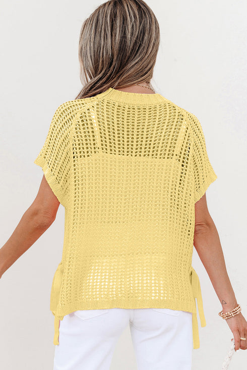 Textured Open Knit Dolman Sleeve Adjustable Tie Hem Top