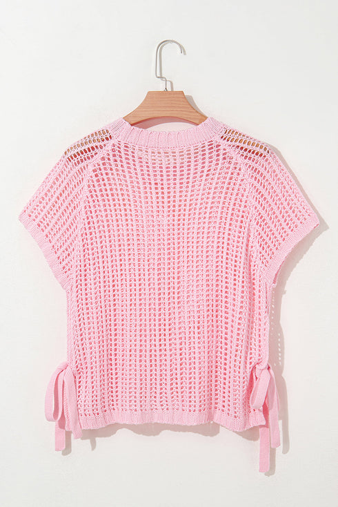 Textured Open Knit Dolman Sleeve Adjustable Tie Hem Top