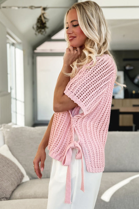 Textured Open Knit Dolman Sleeve Adjustable Tie Hem Top