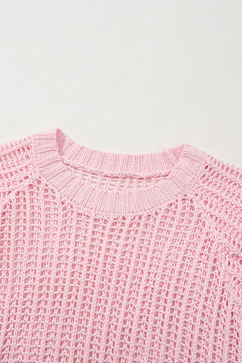 Textured Open Knit Dolman Sleeve Adjustable Tie Hem Top