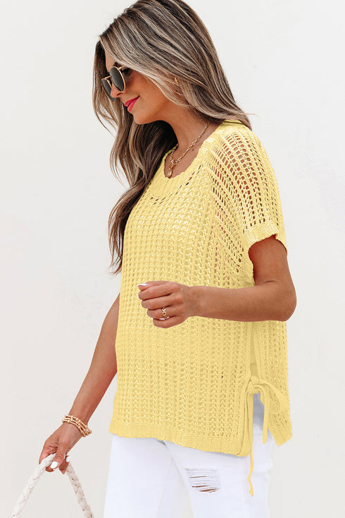 Textured Open Knit Dolman Sleeve Adjustable Tie Hem Top