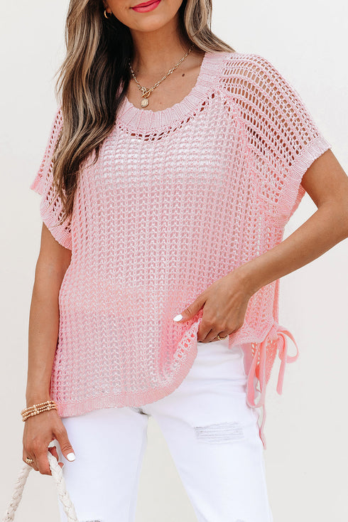 Textured Open Knit Dolman Sleeve Adjustable Tie Hem Top