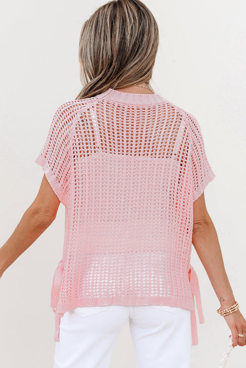 Textured Open Knit Dolman Sleeve Adjustable Tie Hem Top