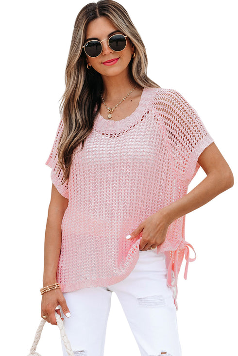 Textured Open Knit Dolman Sleeve Adjustable Tie Hem Top