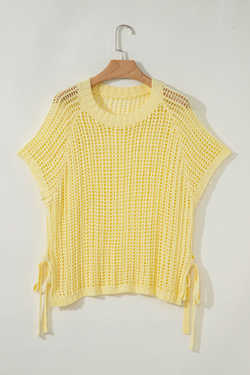 Textured Open Knit Dolman Sleeve Adjustable Tie Hem Top