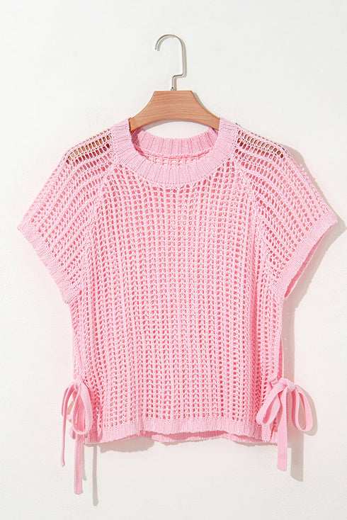 Textured Open Knit Dolman Sleeve Adjustable Tie Hem Top