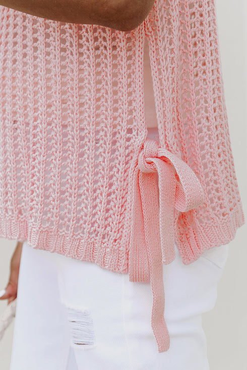 Textured Open Knit Dolman Sleeve Adjustable Tie Hem Top