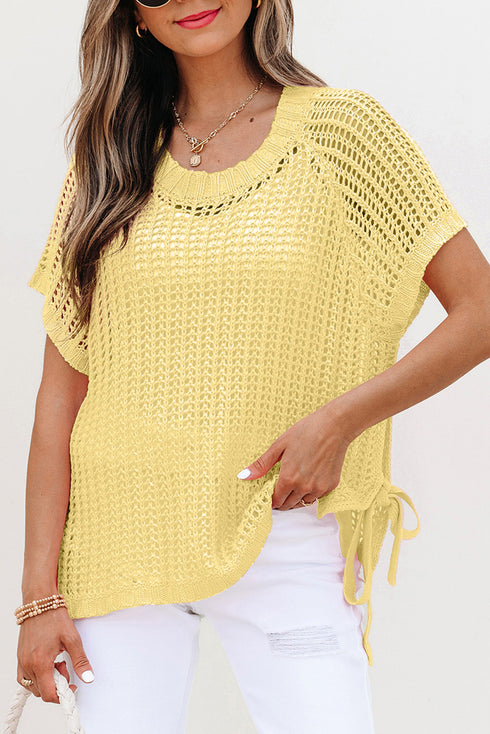 Textured Open Knit Dolman Sleeve Adjustable Tie Hem Top