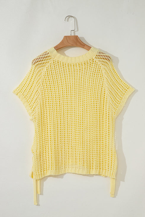 Textured Open Knit Dolman Sleeve Adjustable Tie Hem Top
