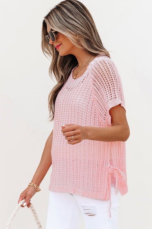 Textured Open Knit Dolman Sleeve Adjustable Tie Hem Top