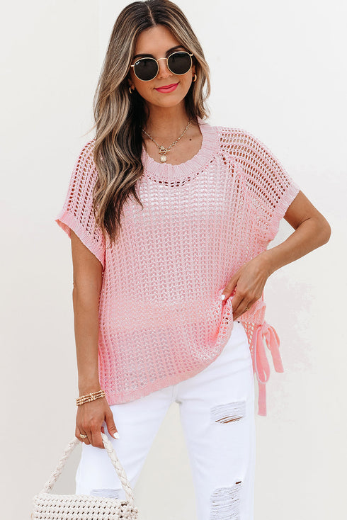 Textured Open Knit Dolman Sleeve Adjustable Tie Hem Top
