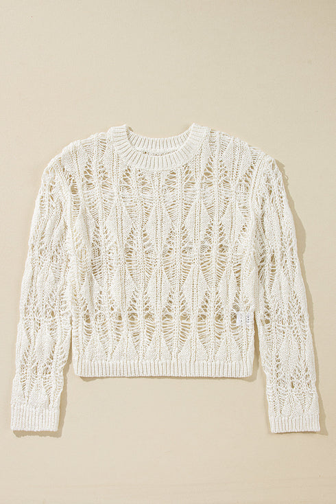 Textured Open Knit Geometric Pattern Long Sleeve Sweater