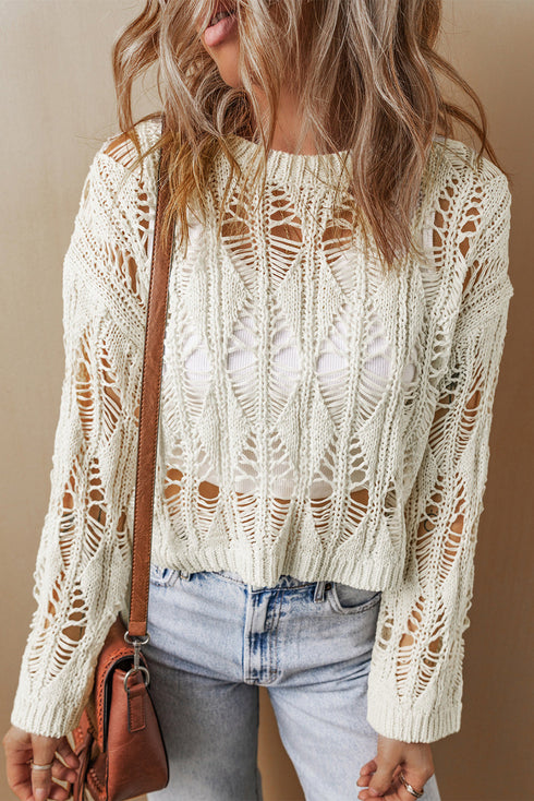 Textured Open Knit Geometric Pattern Long Sleeve Sweater