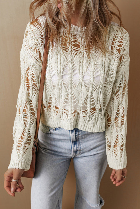 Textured Open Knit Geometric Pattern Long Sleeve Sweater
