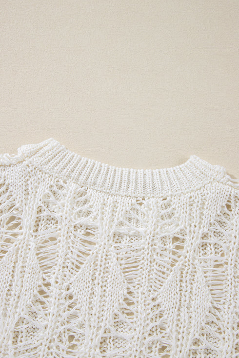 Textured Open Knit Geometric Pattern Long Sleeve Sweater