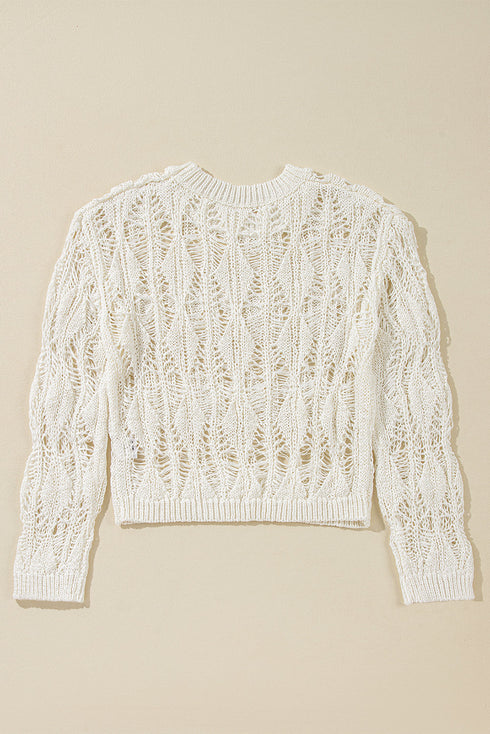 Textured Open Knit Geometric Pattern Long Sleeve Sweater