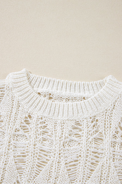Textured Open Knit Geometric Pattern Long Sleeve Sweater